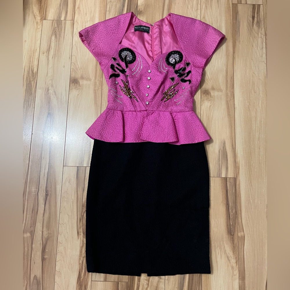 Vintage Ted Lapidus Couture Paris Prom Dress Hot Pink & Black Beaded Peplum 4/6